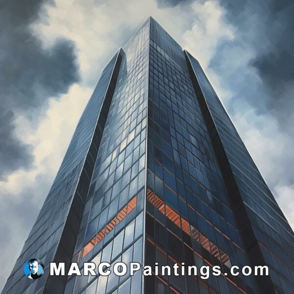 An artistic view of a tall glass building under the cloudy sky