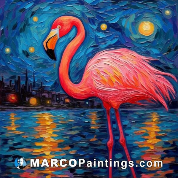 An artwork depicting a pink flamingo on the waters in the night sky