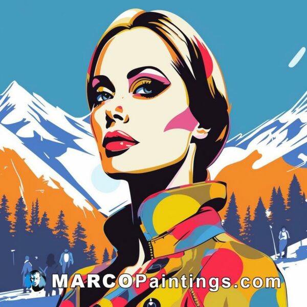An artwork of a girl with colorful jacket and a skier