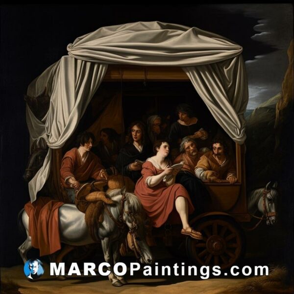 An artwork showing people in a covered wagon