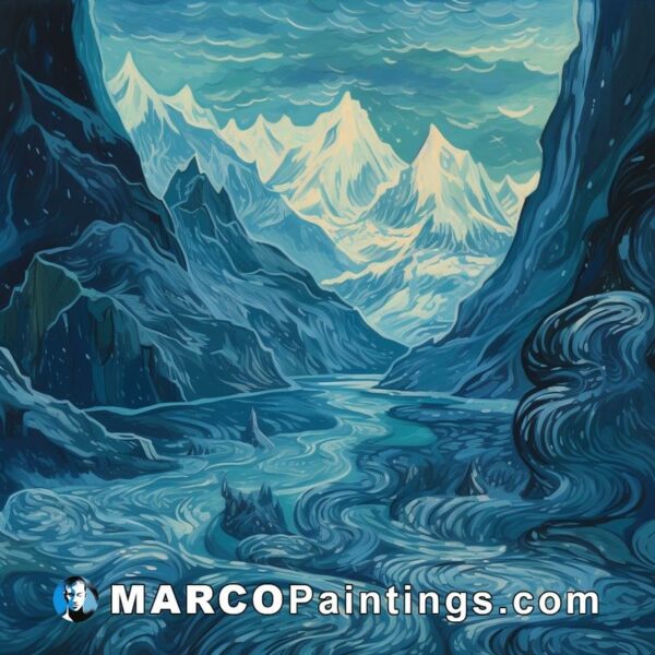 An artwork with a river running into mountains