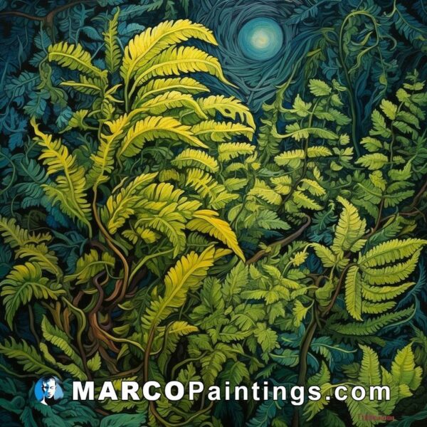 An artwork with fern leaves at night
