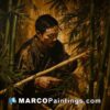 An asian man painting bamboo in the forest