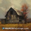 An autumn painting of a deserted barn