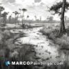 An b&w drawing of a swamp scene