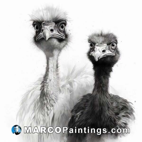 An drawing of two ostriches up close and looking at one another