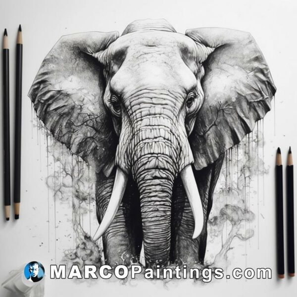 An elephant tusked drawing with pencils and watercolor