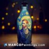 An empty bottle with a drawing of van gogh on it