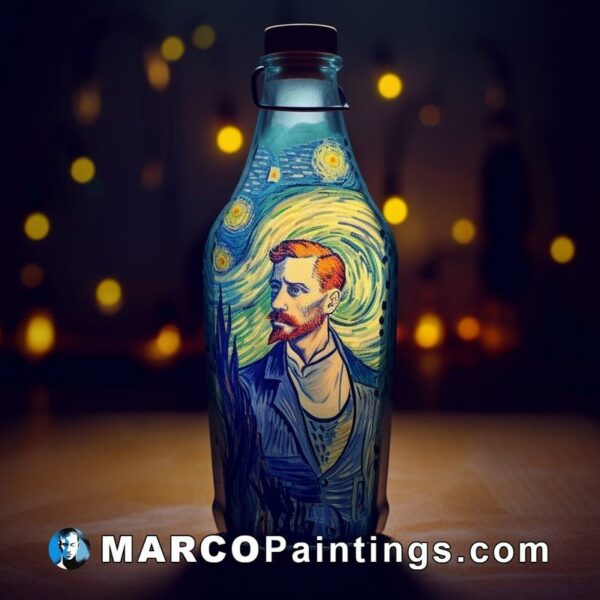 An empty bottle with a drawing of van gogh on it