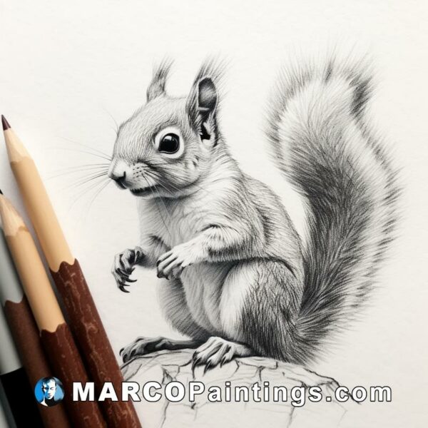 An etched pencil drawing of a squirrel with pencils