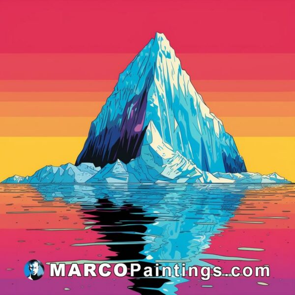 An iceberg on a sunset colored background and water in between