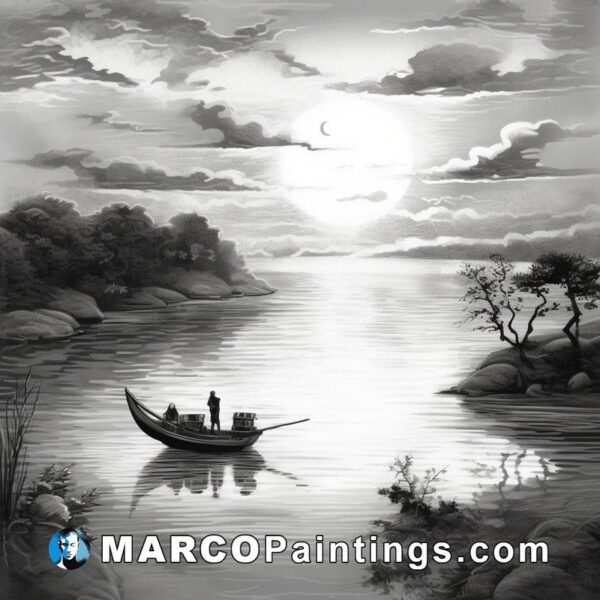 An illlustrated black and white drawing on a lake in the morning