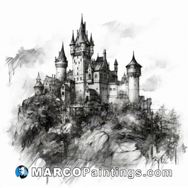 An illustration of a castle in black and white