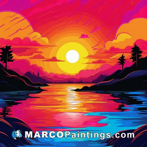 An illustration of a colorful sunset at a lake