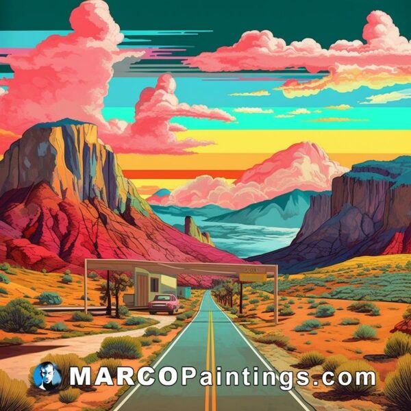 An illustration of a desert road with a colorful sunset at the end