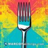 An illustration of a fork on a multicolored background