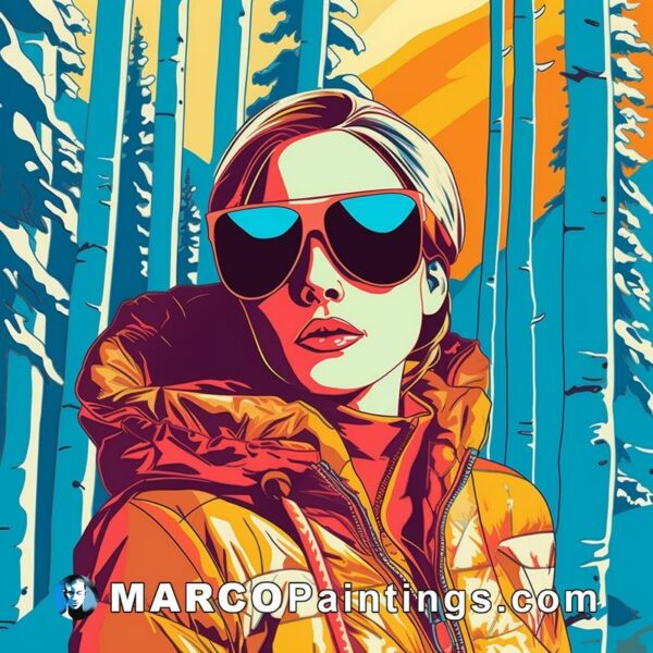 An illustration of a girl in sunglasses facing a bunch of trees