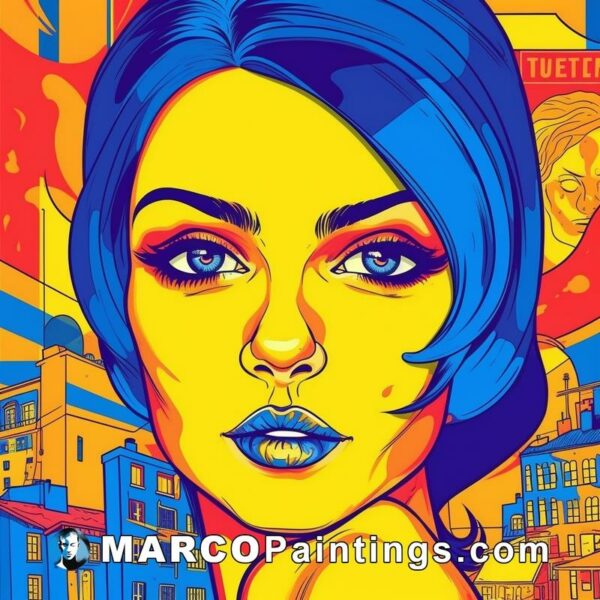 An illustration of a girl with blue hair and a city over her face