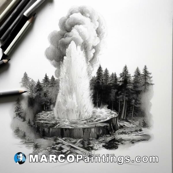 An illustration of a large steaming geyser sitting over a river
