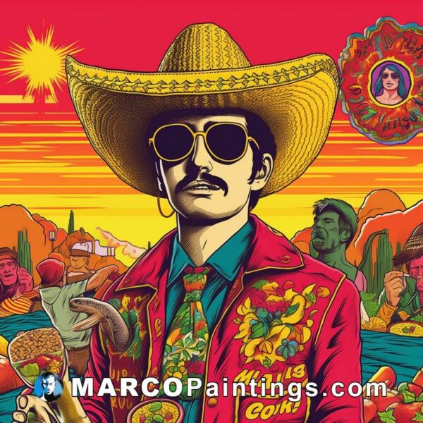 An illustration of a mexican man with sunglasses and a sombrero