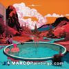 An illustration of a pool and red mountains