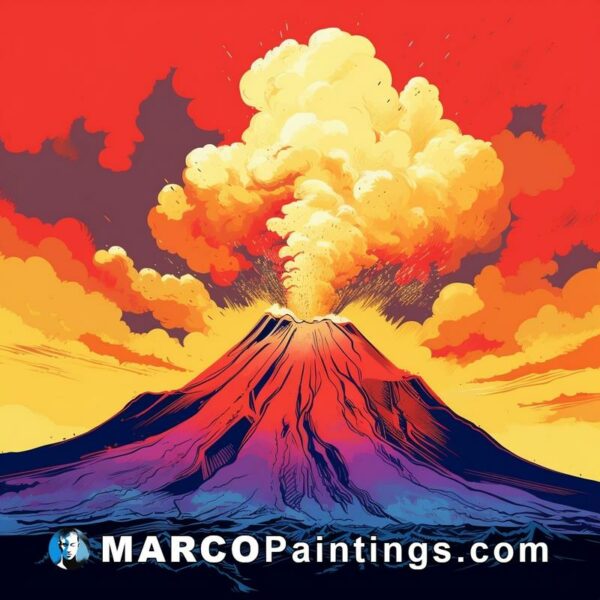 An illustration of a volcano in the sunset ocean