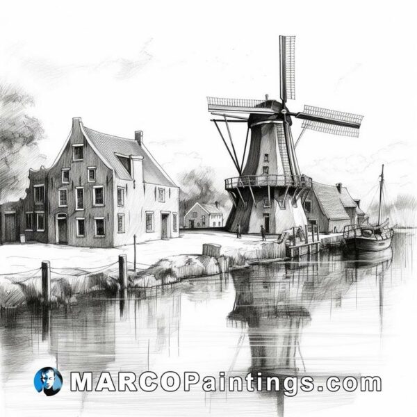 An illustration of a windmill and houses on a canal