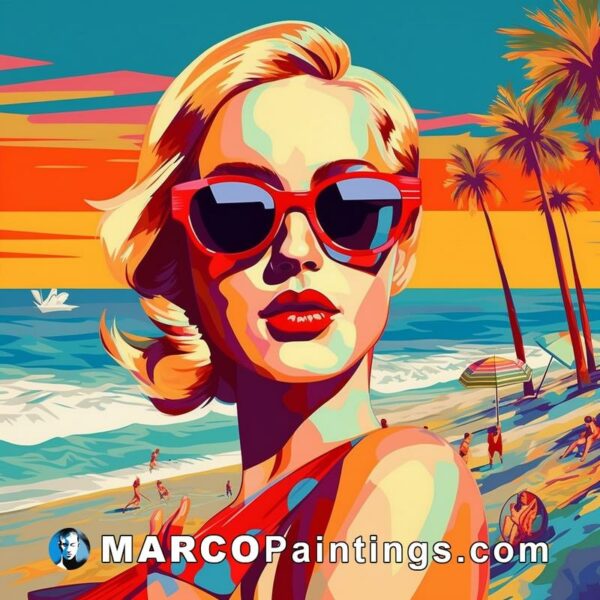 An illustration of a woman wearing sunglasses in front of the beach