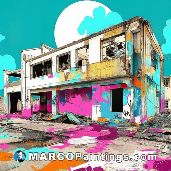 An illustration of an abandoned building that is covered in splatters