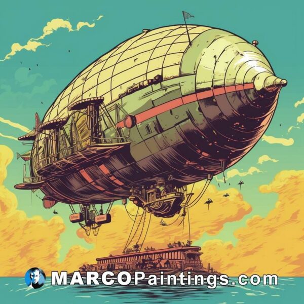 An illustration of an enormous airship flying over the water