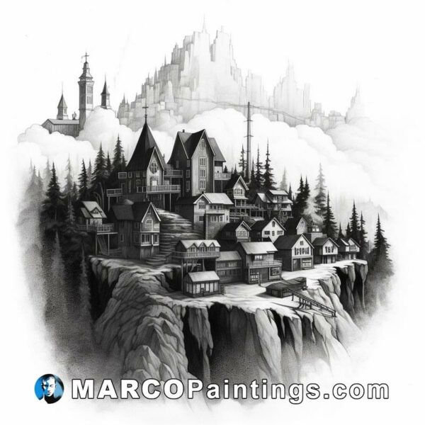 An illustration of an old town on an island in an eerie cliff