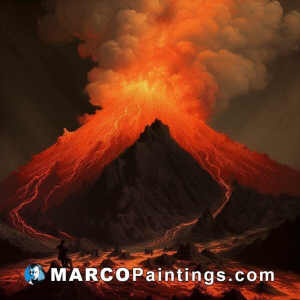 An illustration of an orange volcano with lava
