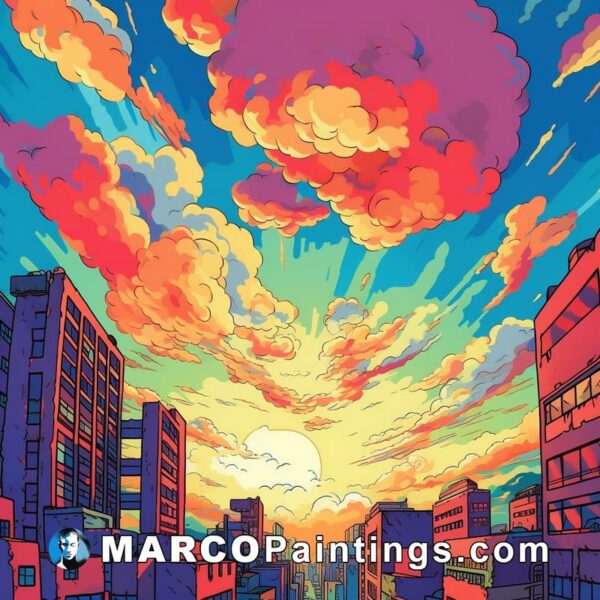 An illustration of an urban landscape with colorful clouds over an building