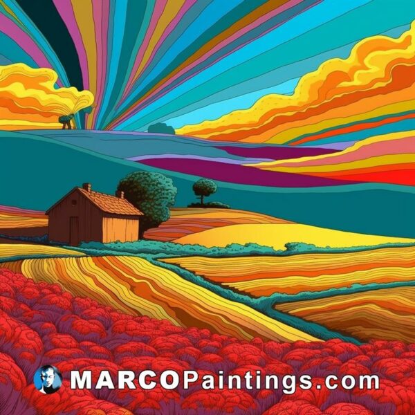 An illustration of colorful fields in the country