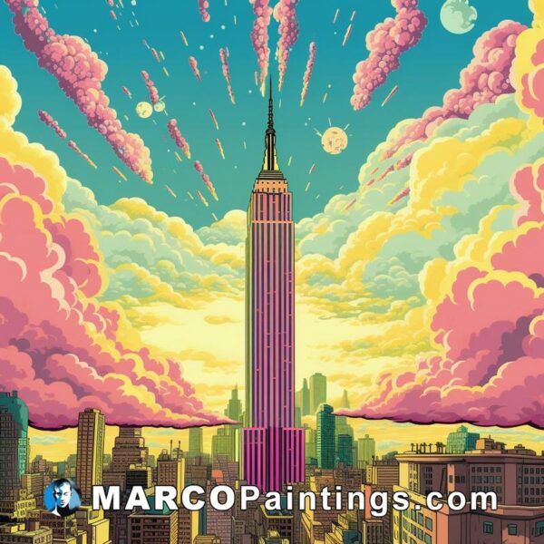 An illustration of the empire state building and the sky is shown