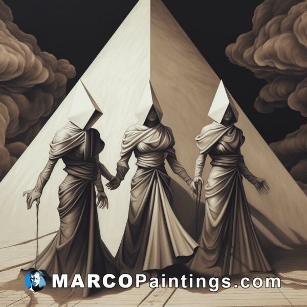 An illustration of three women walking in front of a pyramid