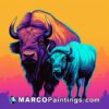 An illustration of two bison on colorful background