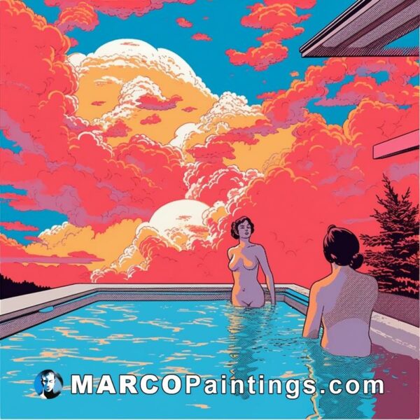 An illustration of two people in the pool with some clouds