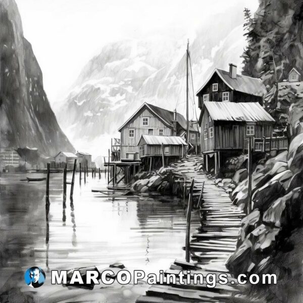 An illustration of wooden houses near the water