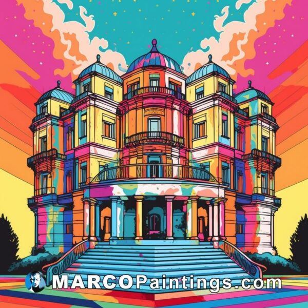 An illustration with colorful stairs and a mansion on it