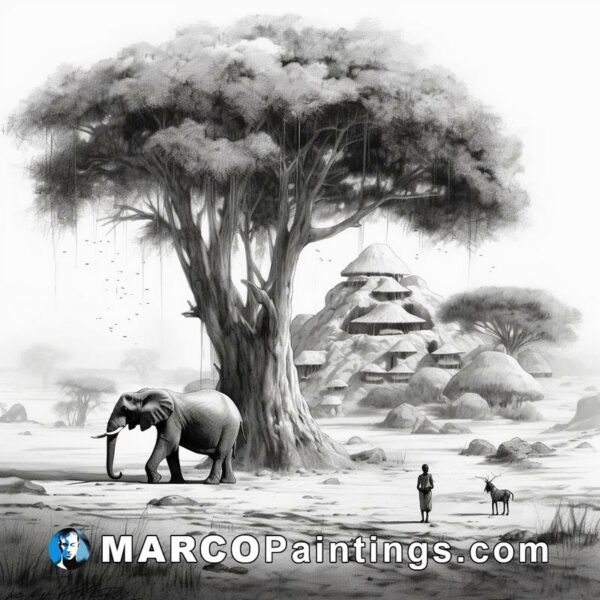An illustrative drawing of an african village with an elephant