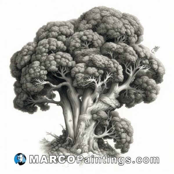 An illustrative pencil drawing of an old looking tree of broccoli