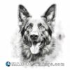 An image of a black and white drawing of a german shepherd