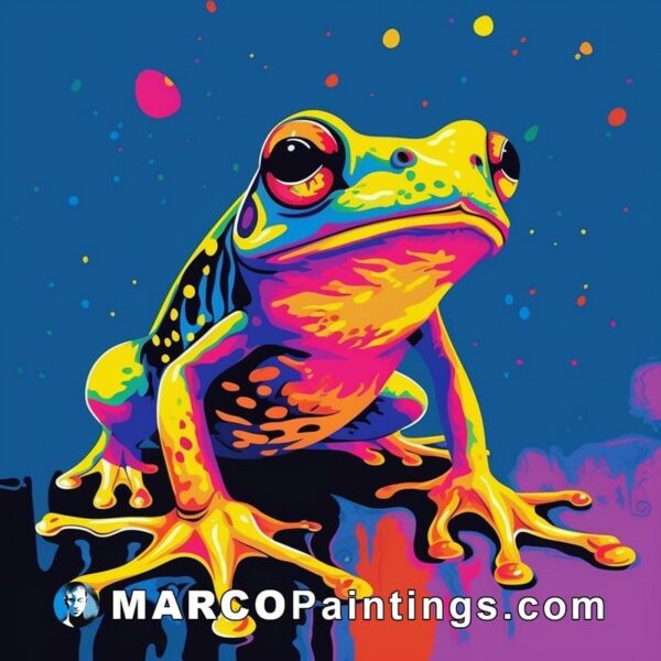 An image of a colorful frog standing on a blue background