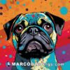 An image of a colorful pug animal on a splatter background