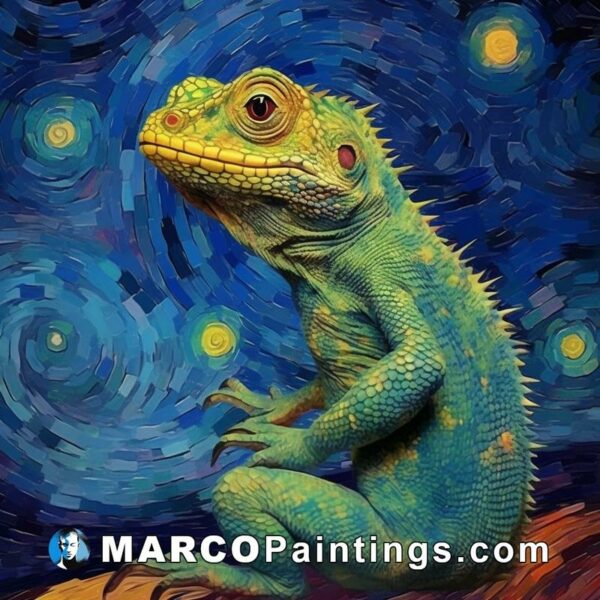 An image of a green lizard on starry night
