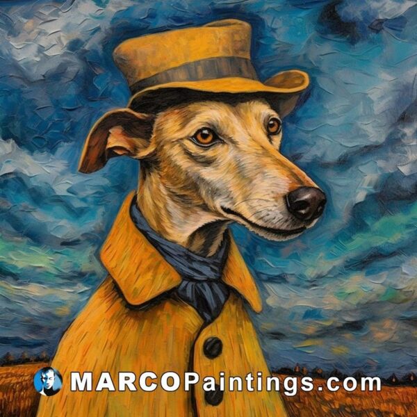 An image of a greyhound in a hat and coat