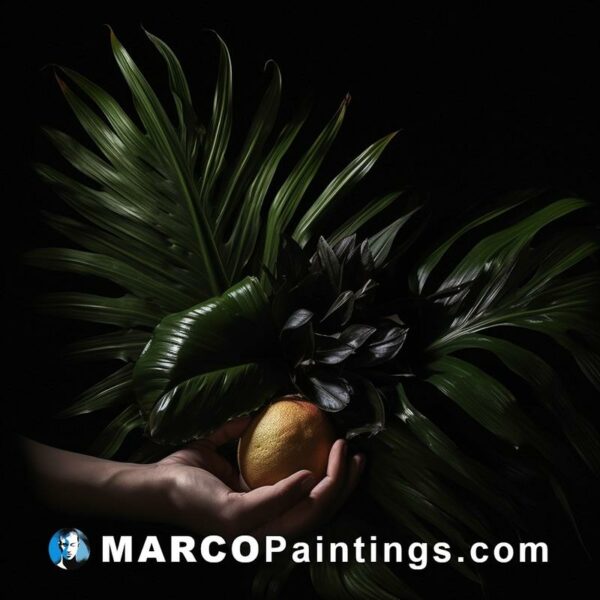 An image of a hand holding an orange with leaves on a black background