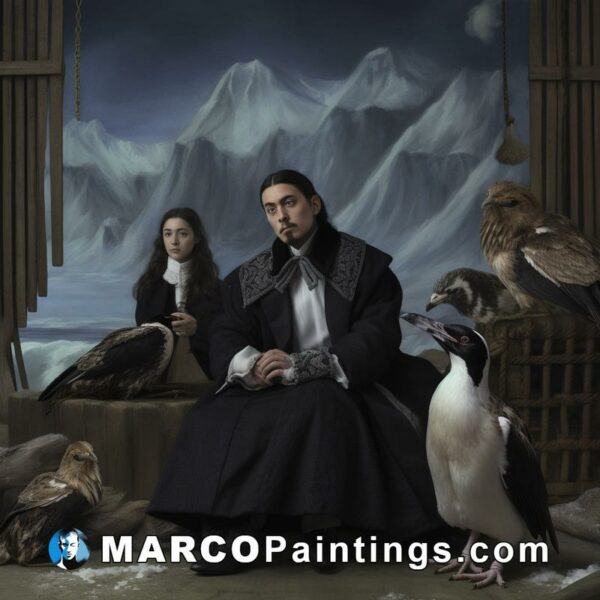 An image of a man and woman sitting next to a mountain and several birds