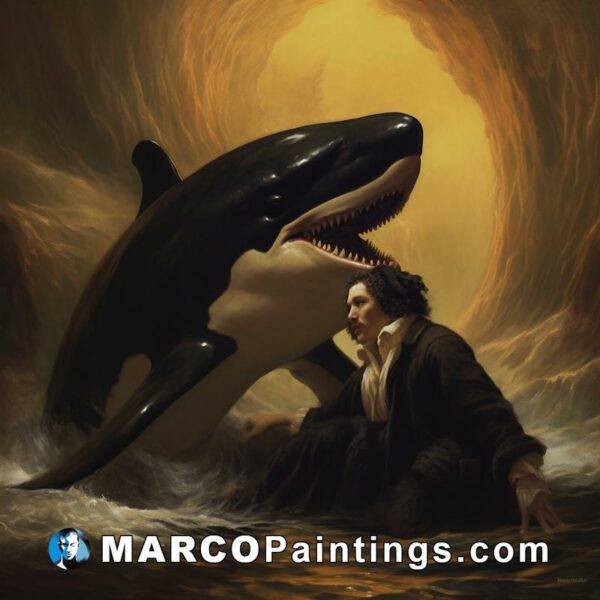 An image of a man in the water with an orca whale